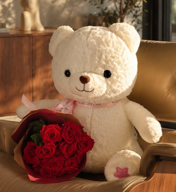 White Teddy Bear & 10 Red Roses — Teddy & Gifts by Casablanca Flower Delivery