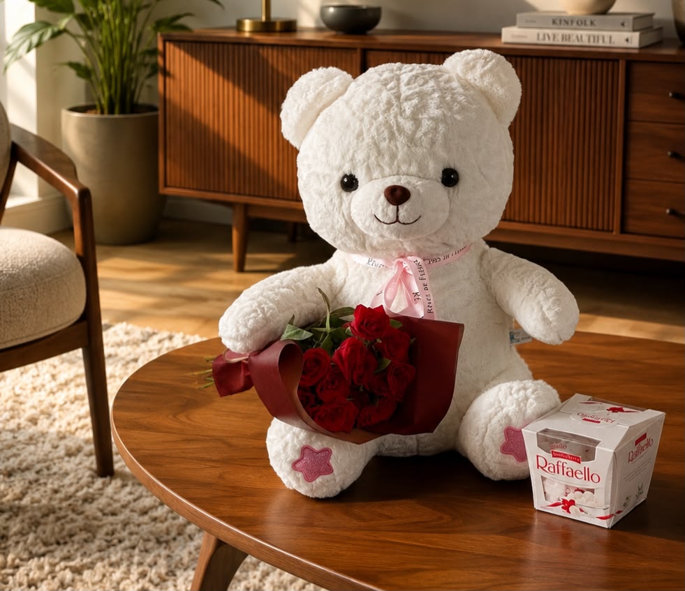 Pack: Big White Bear, Raffaello & 10 Red Roses — Teddy & Gifts by Casablanca Flower Delivery