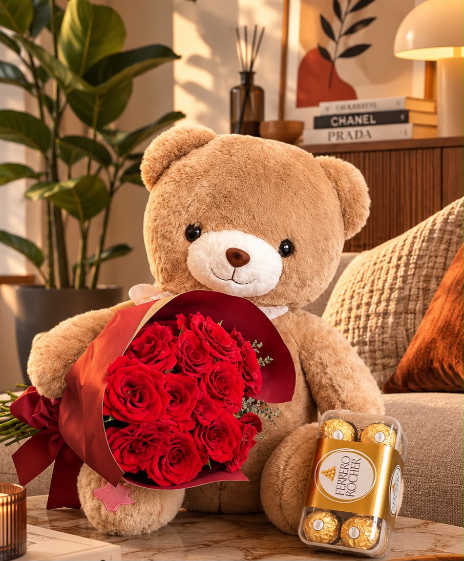 Pack: Brown Bear, Ferrero Rocher & 10 Roses — Teddy & Gifts by Casablanca Flower Delivery