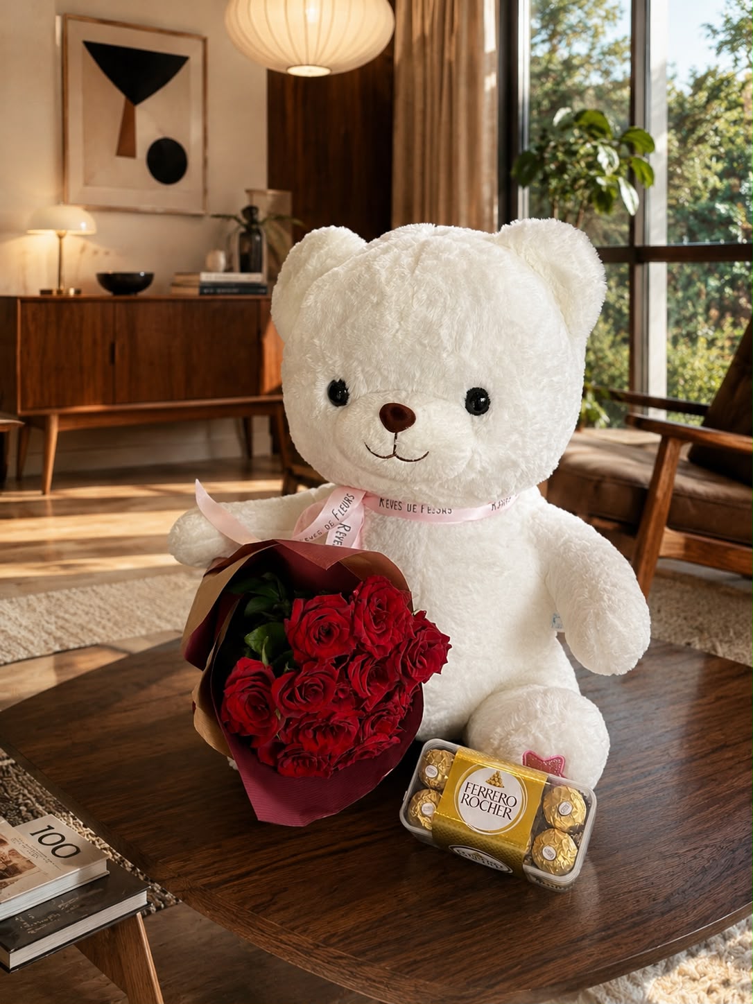 Pack: White Bear, Ferrero Rocher & 10 Red Roses — Teddy & Gifts by Casablanca Flower Delivery