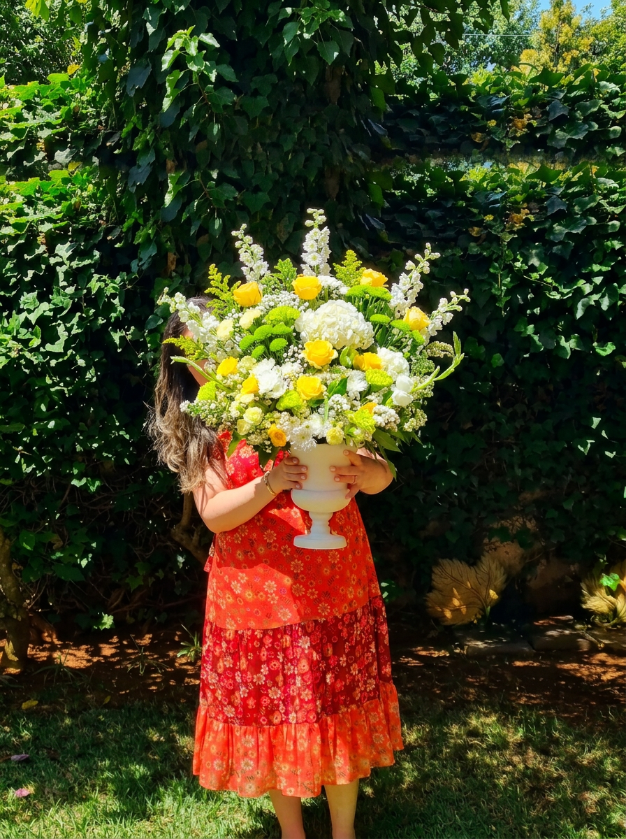 Our florist holding a large white and yellow flower arrangement in a Médicis vase, photographed outdoors in Casablanca